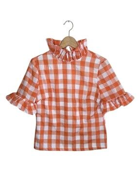 Elizabeth Wilson Orange White Check Ruffled Collar Short Sleeve Top Preppy Small